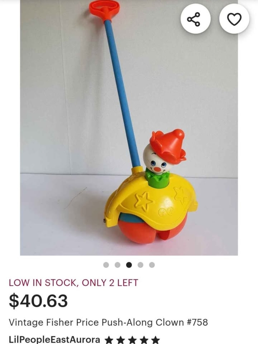 Vintage Push-Along Clown Toddler Toy - Yellow, Red, Blue
